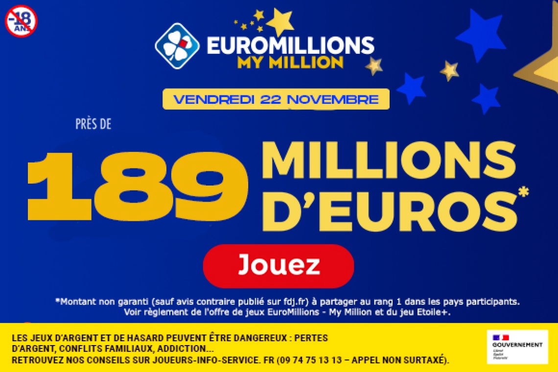 Euromillions : 189 millions d'euros en jeu ce vendredi et 100 cagnottes d'un million à gagner