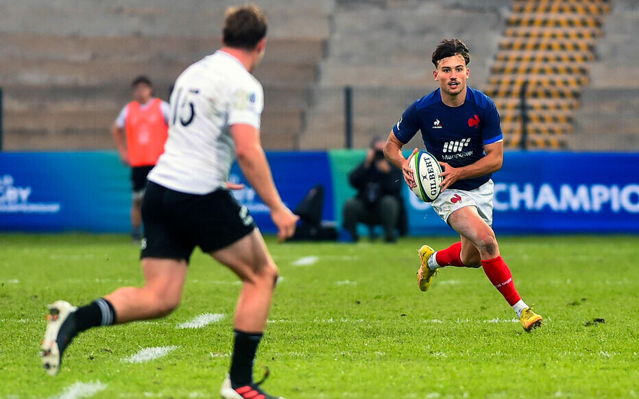 Fabien Brau Boirie of France challenged by Isaac Hutchinson of New Zealand during the 2024 World Rugby U20 Championship game between France and New Zealand at Danie Craven Stadium, Stellenbosch in South Africa on 4 July 2024 © Reinhardt Hamman/BackpagePix Photo by Icon Sport