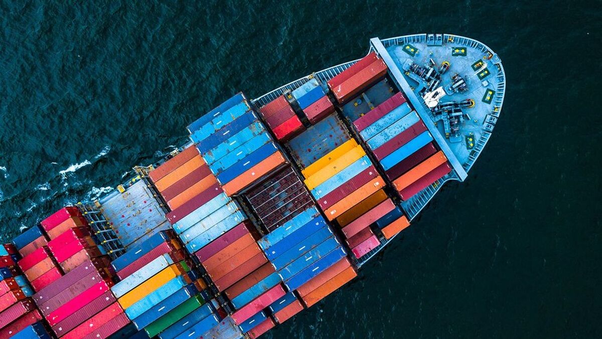 Aerial top view container cargo ship in import export business commercial trade logistic and transportation of international by container cargo ship in the open sea, Container cargo freight shipping.