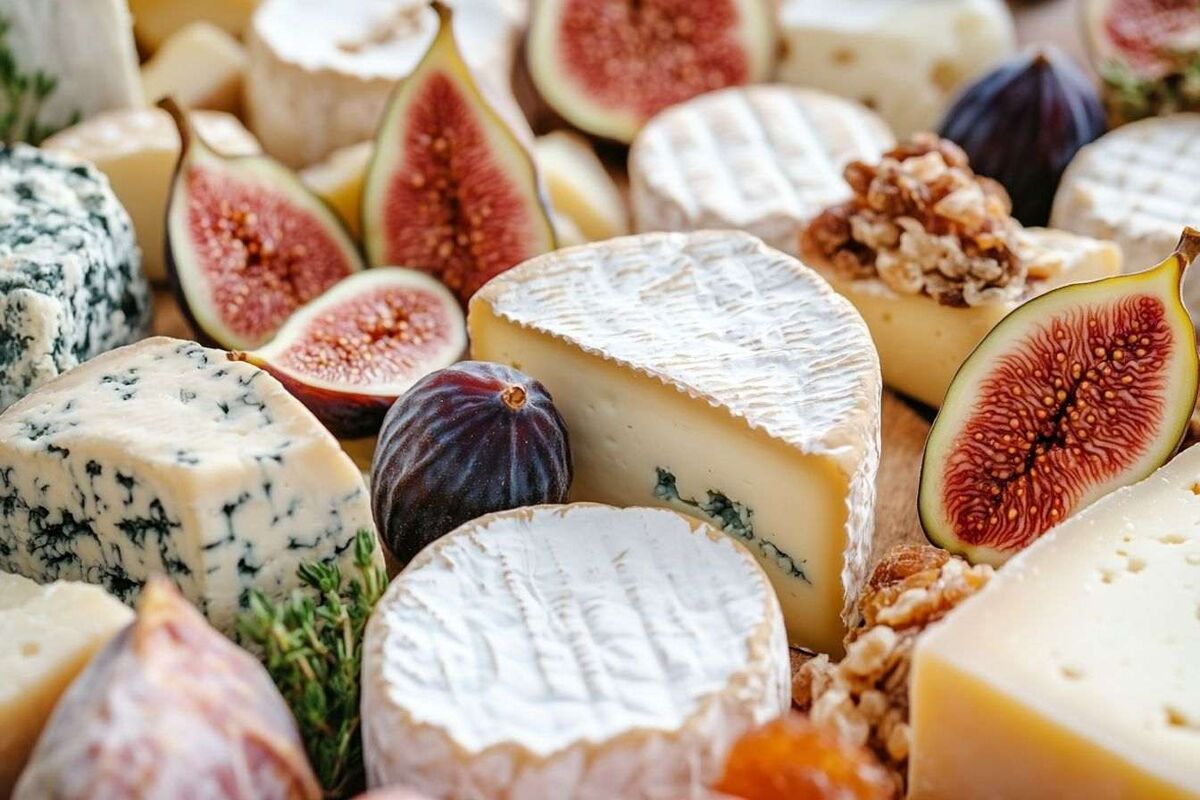 Découvrez la richesse des fromages français associés à des accompagnements colorés tels que des figues et des fruits secs, vus d'en haut.
