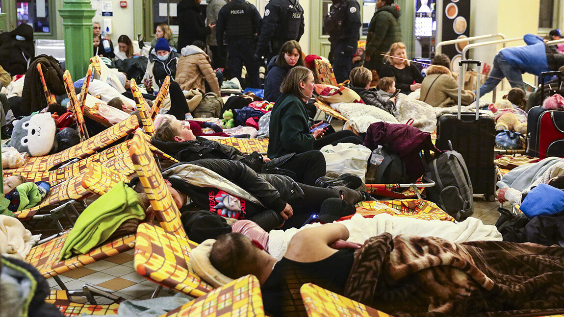 People who arrived on a train from Ukraine are resting at the main railway station while the Russian invasion on Ukraine continues.Przemysl, Poland on February 28, 2022. Russian invasion on Ukraine causes a mass exodus of refugees to Poland. (Photo by Beata Zawrzel/NurPhoto) (Photo by Beata Zawrzel / NurPhoto / NurPhoto via AFP)