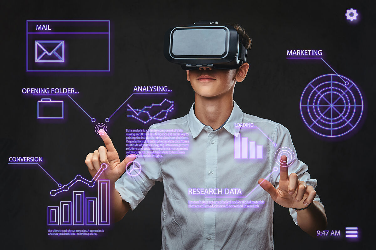 Teenager dressed in a white t-shirt using virtual reality glasses with graph charts, numbers, lines. Technology concept.