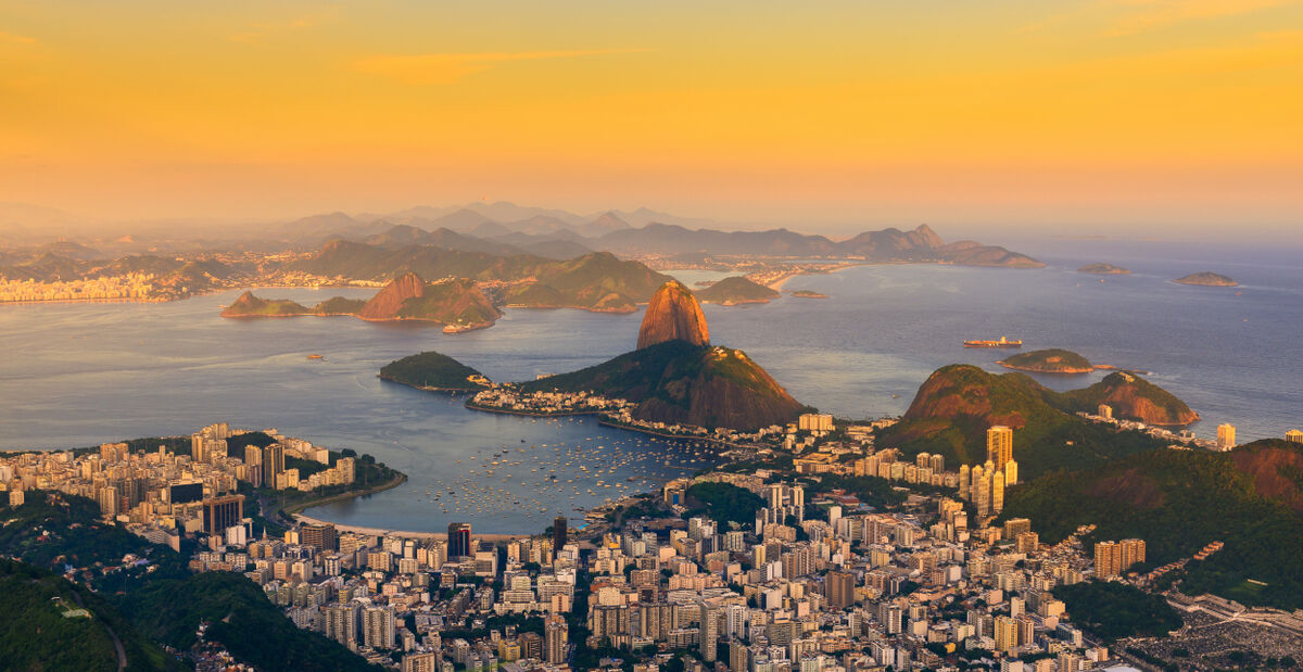 Sunset view of mountain Sugar Loaf and Botafogo. Rio de Janeiro
