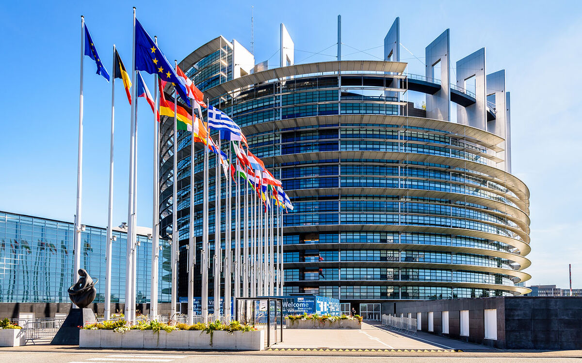 Strasbourg, France - September 13, 2019: Entrance of the Louise Weiss building, inaugurated in 1999, the official seat of the European Parliament which houses the hemicycle for plenary sessions.