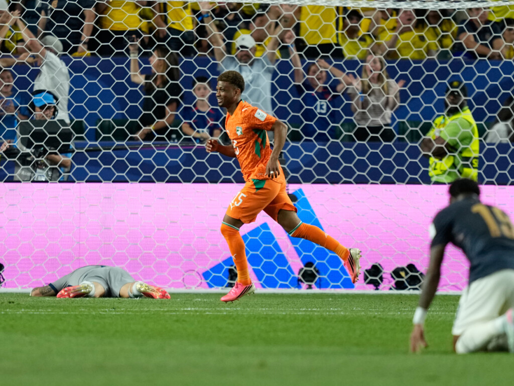 Ivory Coast's Amad Diallo celebrates scoring the opening goal during a World Cup Group E soccer match between Ecuador and Ivory Coast in Philadelphia, Sunday, June 14, 2026. (AP Photo/Matt Slocum)