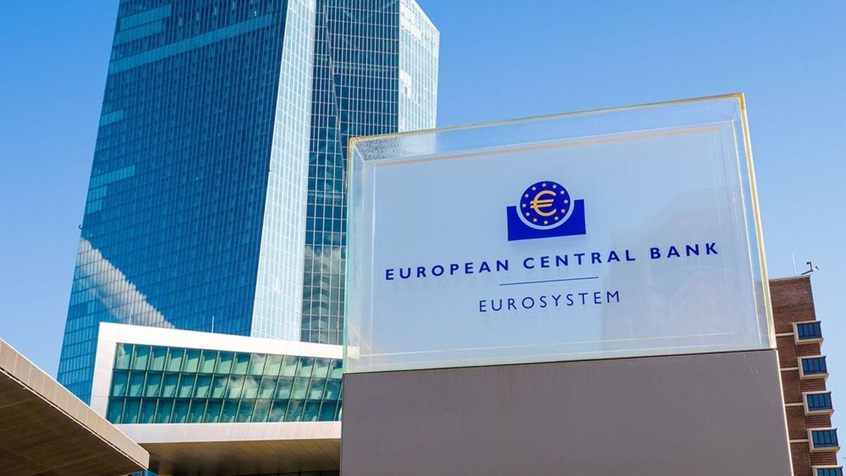 Frankfurt am Main, Germany - August 20, 2023: Low angle view of the sign and logo of the European Central Bank at the northern entrance of the Skytower building, headquarters of the ECB since 2015.